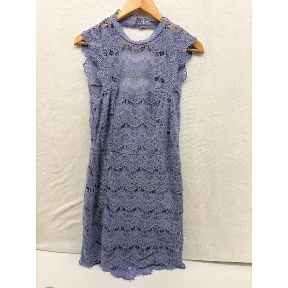 FREE PEOPLE Intimately Blue Bodycon Lace‎ Open Back High Neck Mini Slip Dress M